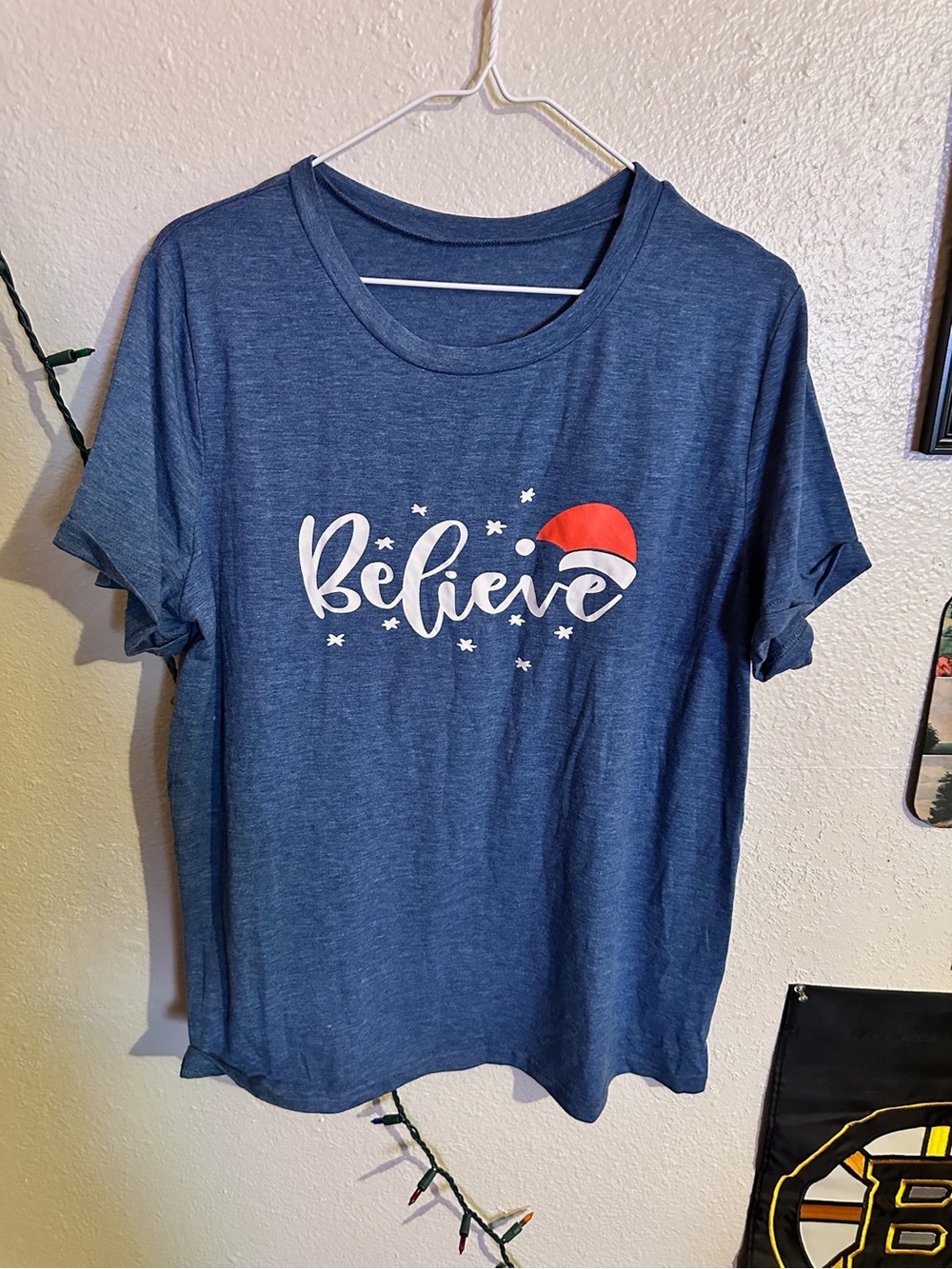Women's Navy Blue 'Believe' Graphic Tee with Holiday Santa Hat
